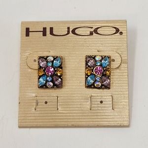 Hugo Multi Color Crystal Encrusted Post Earrings Pastels Rectangle Statement